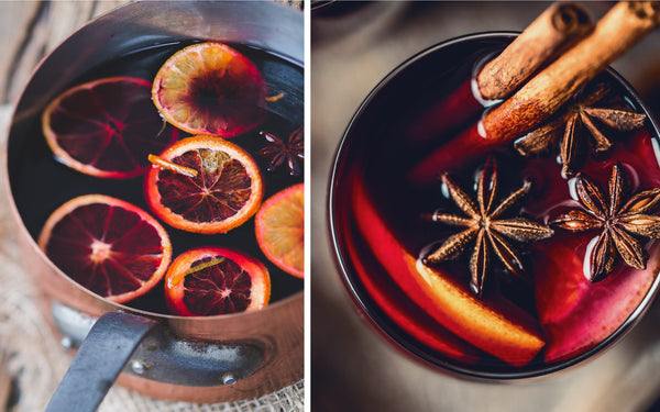 Two photos of Mulled Wine. One of the beverage in a large saucepan, the other of the beverage in a mug.