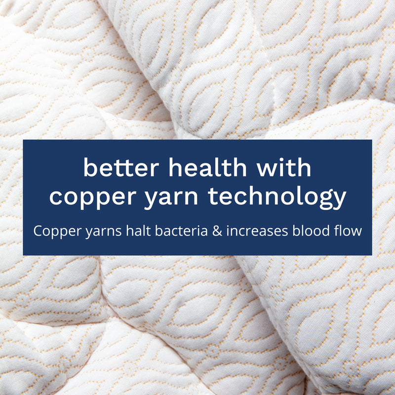 Better health with copper yarn technology. Copper yarns halt bacteria & increases blood flow.