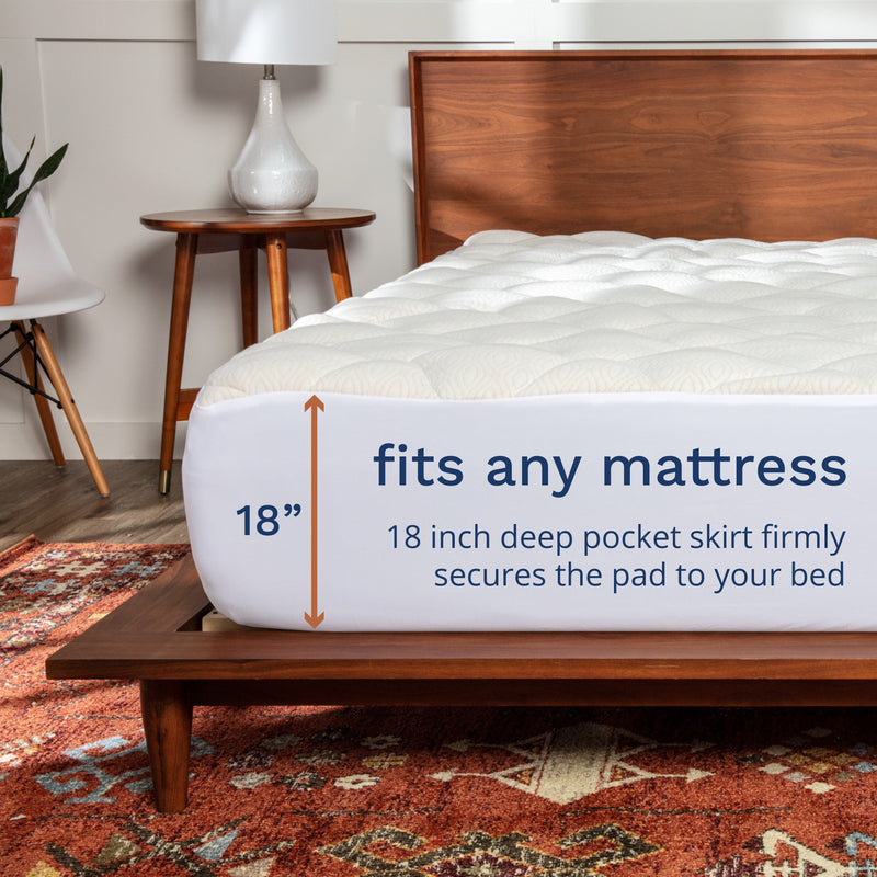 Fits any mattress. 18 inch deep pocket skirt firmly secures the pad to your bed.