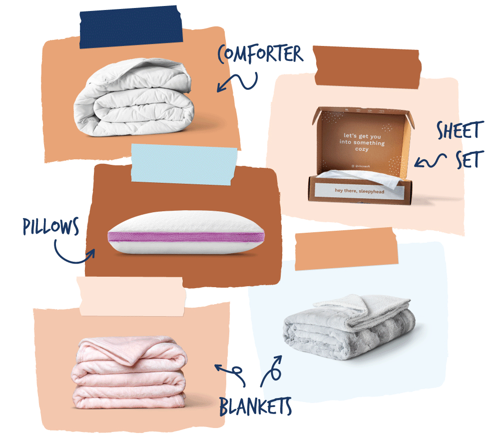 rotating gif of images of comforters, sheet sets, pillows & blankets