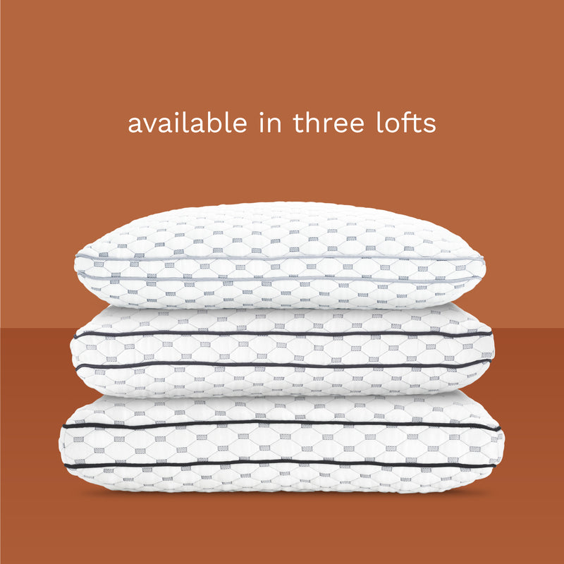 Available in 3 Lofts. Photo of a stack of 3 pillows, each in a different loft size.