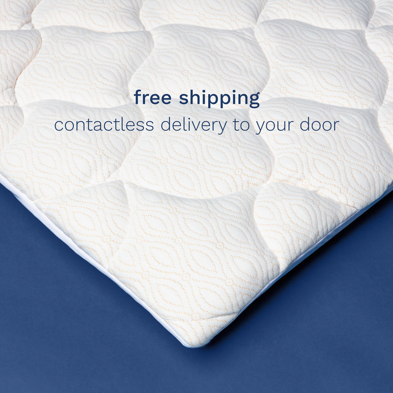 Free shipping. Contactless delivery to your door. Photo of a top down view of the corner of a white pillow top mattress pad.