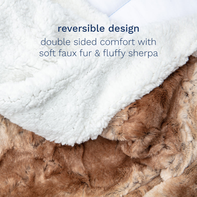 Reversible design. Double sided comfort with soft brown faux fur & fluffy sherpa.