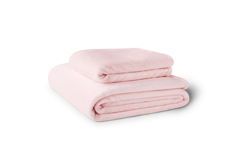 Stack of two pink fleece blankets.  Blankets are available in 4 sizes.