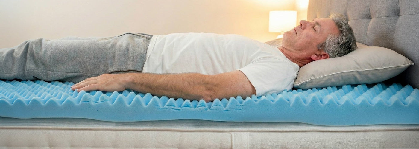 A man sleeping on an uncomfortable mattress topper that has flattened over time
