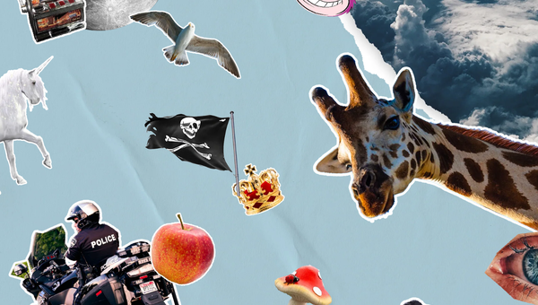 Photo of a collection of random objects and people like a collage cut out from a magazine.