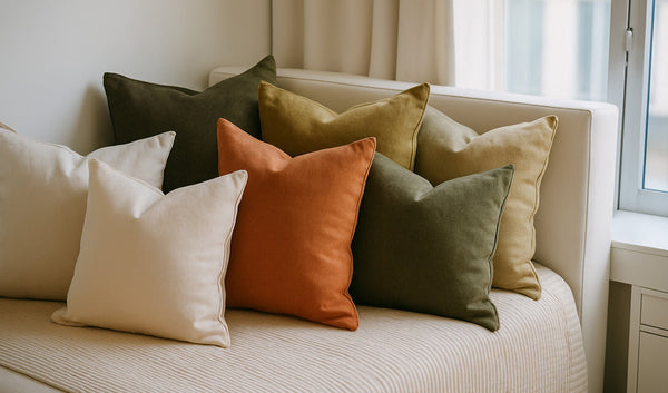 Photo of a bed with a bunch of pillows on it