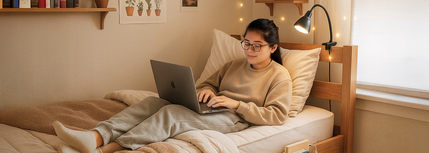 A college student lounging and working on her laptop on her bed in her dorm room