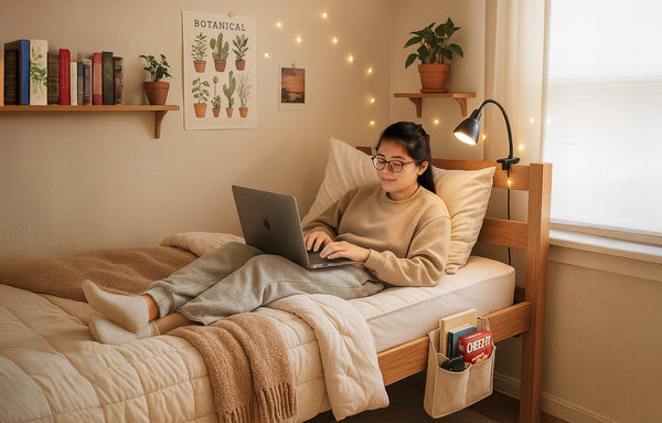 A college student lounging and working on her laptop on her bed in her dorm room