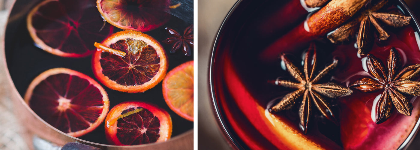 Two photos of Mulled Wine. One of the beverage in a large saucepan, the other of the beverage in a mug.