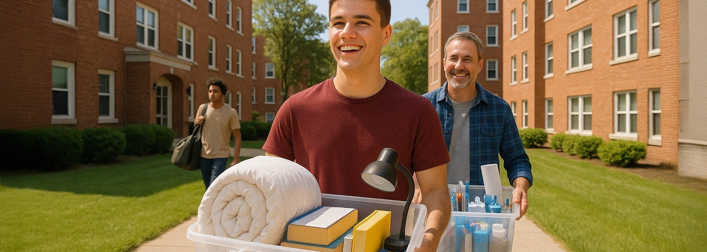 A freshman college student carrying moving into his dorm with his dad's help