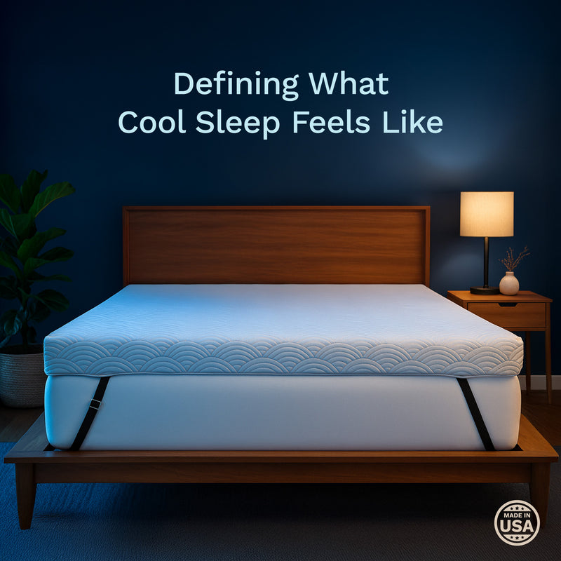 Mattress on a bed with 'Defining What Cool Sleep Feels Like' text and USA logo.