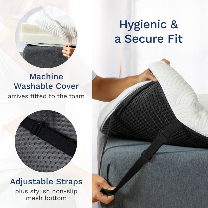 Product with machine washable cover, adjustable straps, and non-slip mesh bottom on a white background.