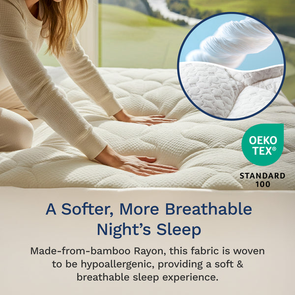 Person touching a soft mattress with an inset showing fabric texture, and OEKO-TEX Standard 100 logo. (No Script, Alternate View)