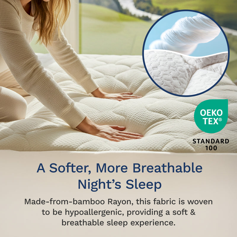 Person touching a soft mattress with an inset showing fabric texture, and OEKO-TEX Standard 100 logo.