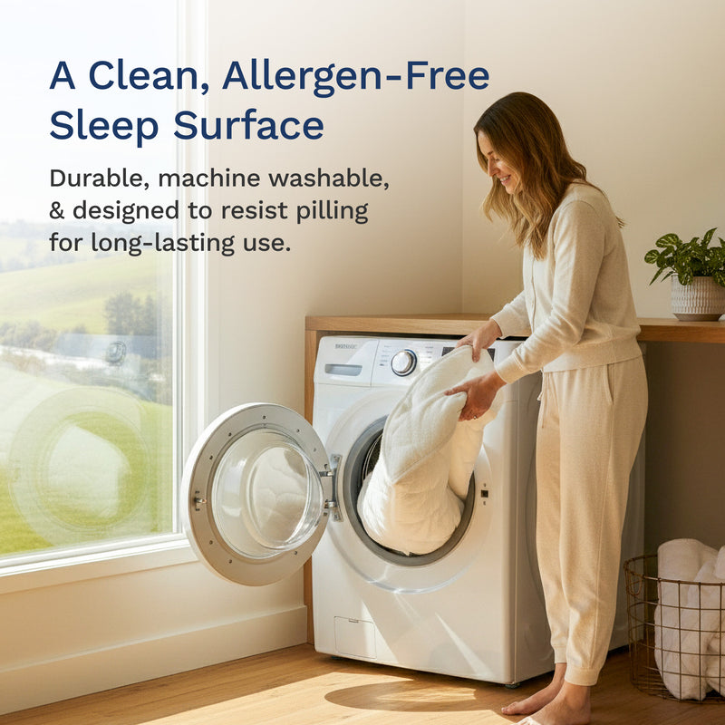 Woman placing a pillow into a washing machine with text about a clean, allergen-free sleep surface.
