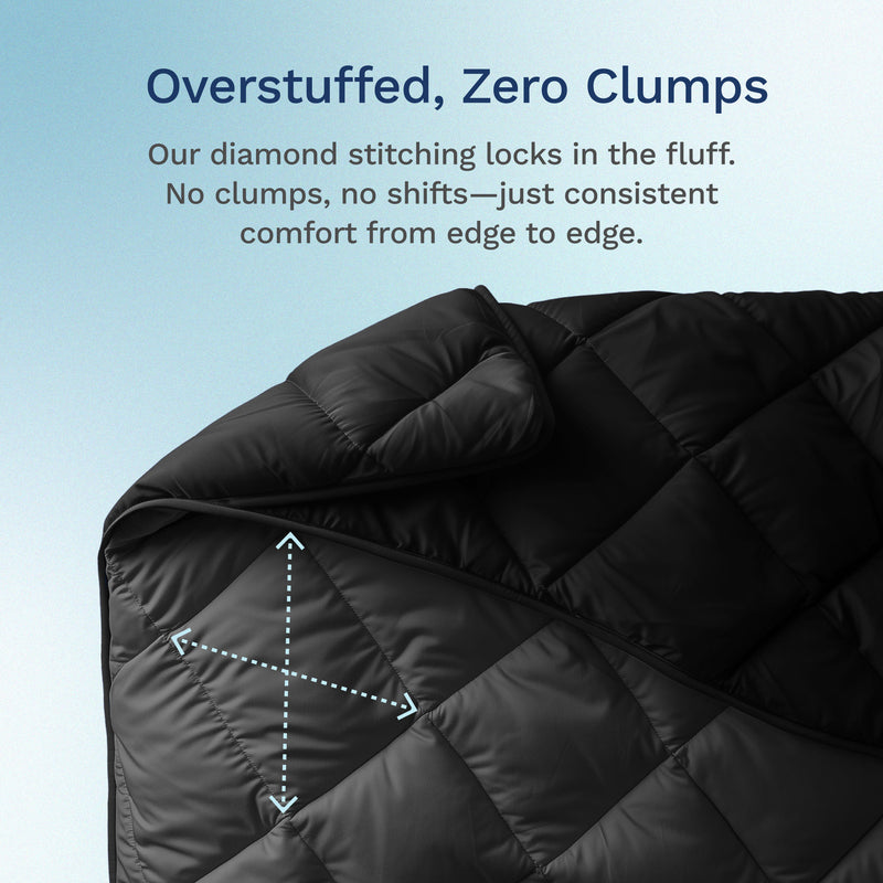 Overstuffed, zero clumps, fluffy comfort. Diamond stitching locks in the 350gsm fill for great sleep. No clumps, no shifts- just consistent comfort from edge to edge.