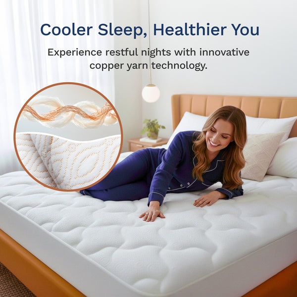 Woman lying on a mattress with text about cooler sleep and healthier living. (No Script, Alternate View)