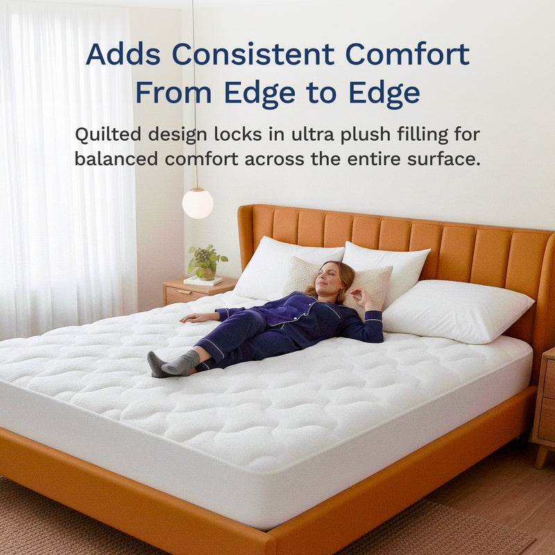 Woman lying on a mattress with text about consistent comfort from edge to edge