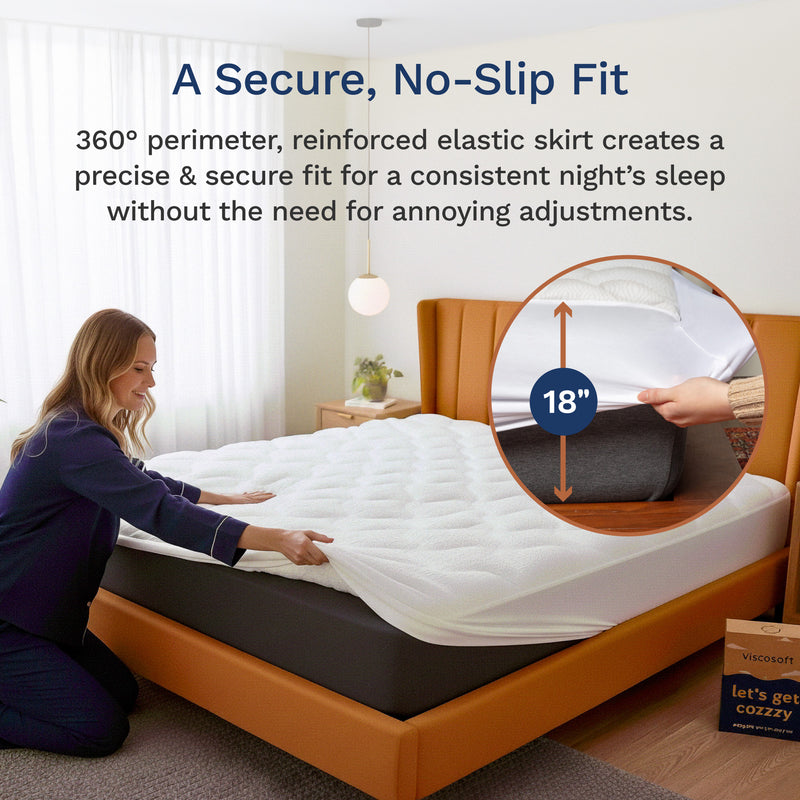 Person installing a mattress with a reinforced elastic skirt in a bedroom setting.
