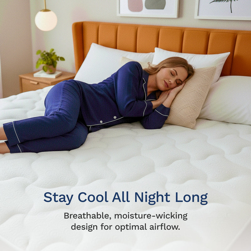 Woman in pajamas lying on a bed with text about a breathable mattress topper.