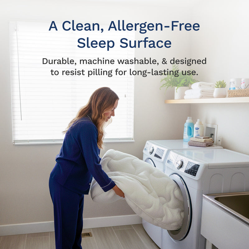 Woman placing a mattress protector into a washing machine with text about a clean, allergen-free sleep surface.