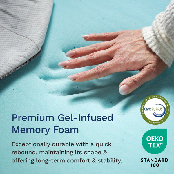 Premium gel-infused memory foam is exceptionally durable with a quick rebound, maintaining its shape & offering long-term comfort & stability. (No Script, Alternate View)