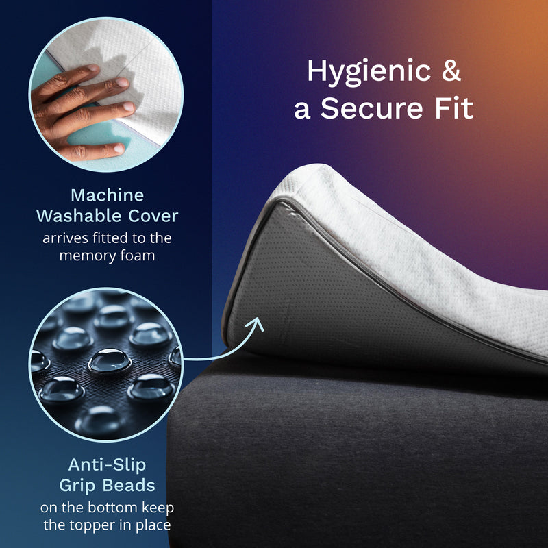 Hygienic & a secure fit. Machine washable cover arrives fitted to the memory foam. Anti-slip grip beads on the bottom keep the topper in place.