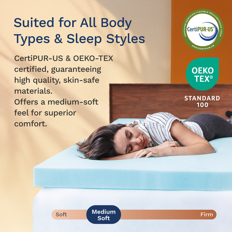 Suited for all body types & sleep styles. CertiPUR-US & OEKO-TEX certified, guaranteeing high quality, skin-safe materials. Offers a medium-soft feel for superior comfort.