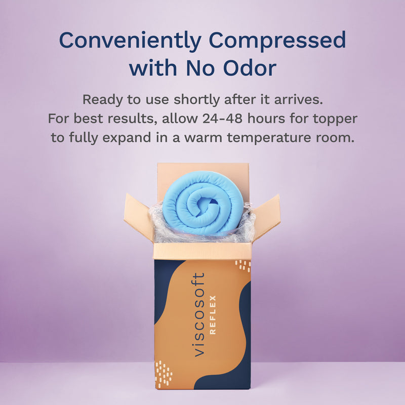 Conviently compressed with no odor. Ready to use shortly after it arrives. For best results, allow 24-48 hours for topper to fully expand in a warm temperature room.