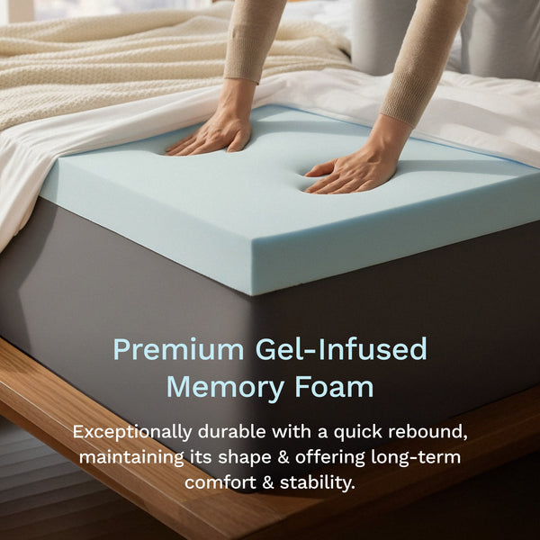 A better way to great sleep. Premium gel-infused memory foam. Exceptionally durable with a quick rebound, maintaining its shape & offering long-term comfort & stability. (No Script, Alternate View)