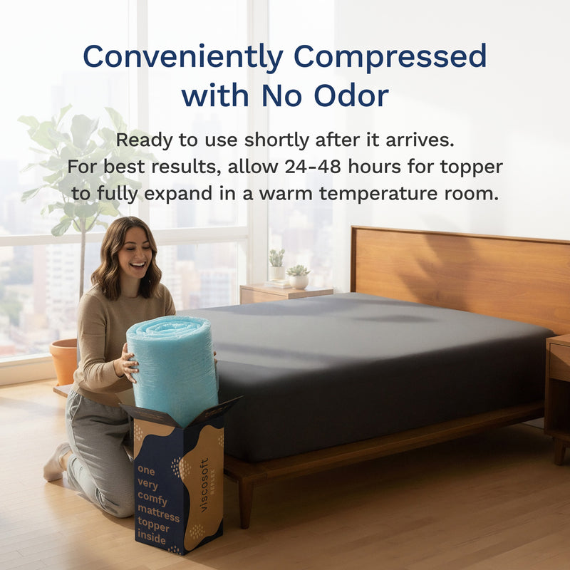 Conviently compressed with no odor. Ready to use shortly after it arrives. For best results, allow 24-48 hours for topper to fully expand in a warm temperature room.