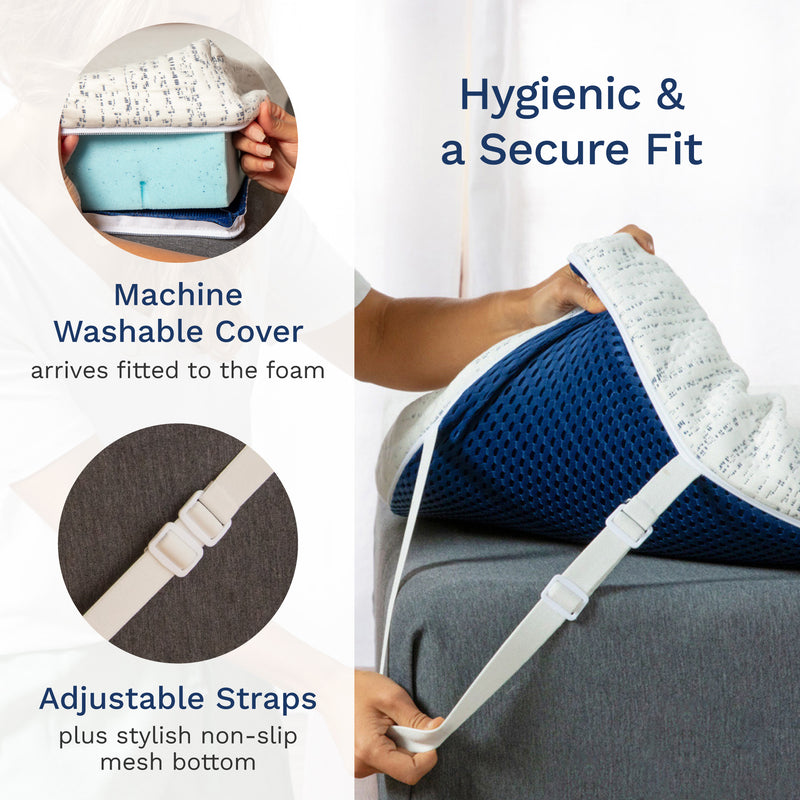 Hygienic & a secure fit. Machine washable cover arrives fitted to the foam. Adjustable straps plus stylish non-slip mesh bottom. 