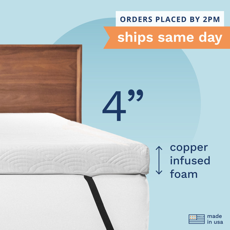 Orders placed by 2pm ships same day. 4" Copper Infused Foam. Made in the USA. Photo of a 4" thick white mattress topper secured to a bed with adjustable straps.