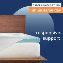 Orders placed by 2pm ships sam day. Responsive support.  Photo of a light blue mattress topper with a white lightly padded cover on top of a bed.