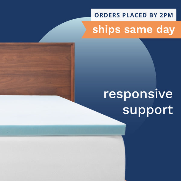 Orders placed by 2pm ships sam day. Responsive support.  Photo of a light blue mattress topper on top of a bed. (No Script)