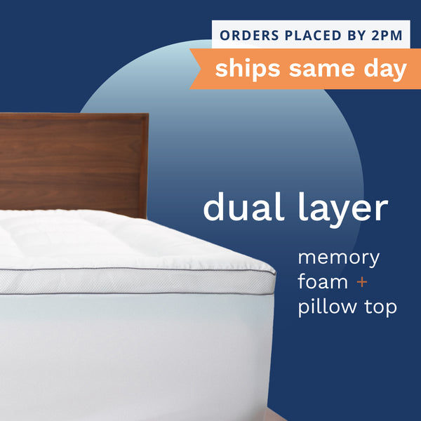Orders placed by 2pm ships same day. Dual Layer Memory Foam + Pillow Top. Photo of a dual layer white mattress topper secured to a bed with an 18" deep pocket skirt. (No Script)