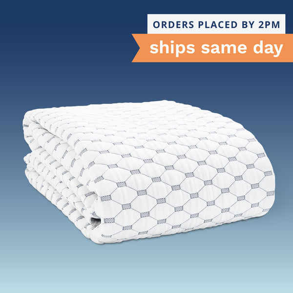 Orders placed by 2pm will ship the same day! A folded white and gray mattress protector on a blue background. (No Script)