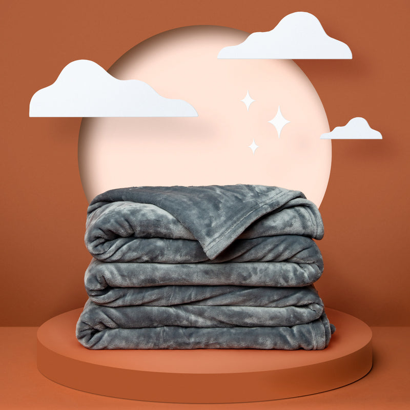 Folded dark grey fleece blanket.