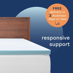 FREE delivery in 3 business days or less. Responsive support.  Photo of a light blue mattress topper on top of a bed.
