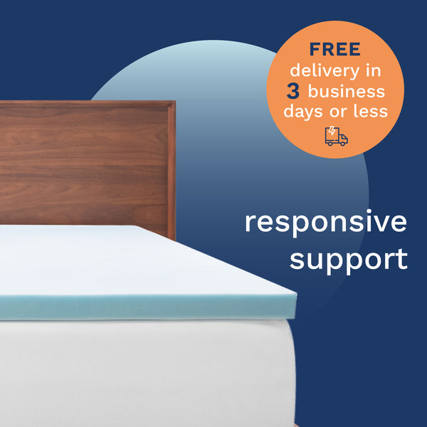 FREE delivery in 3 business days or less. Responsive support.  Photo of a light blue mattress topper on top of a bed. (No Script)