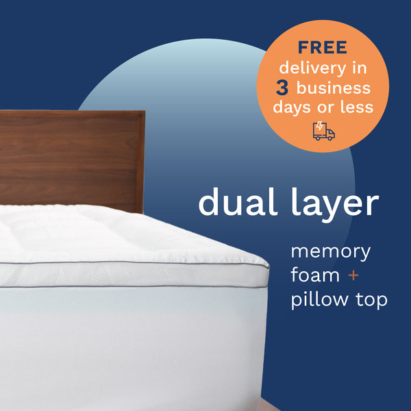 FREE delivery in 3 business days or less. Dual Layer Memory Foam + Pillow Top. Photo of a dual layer white mattress topper secured to a bed with an 18" deep pocket skirt. (No Script)