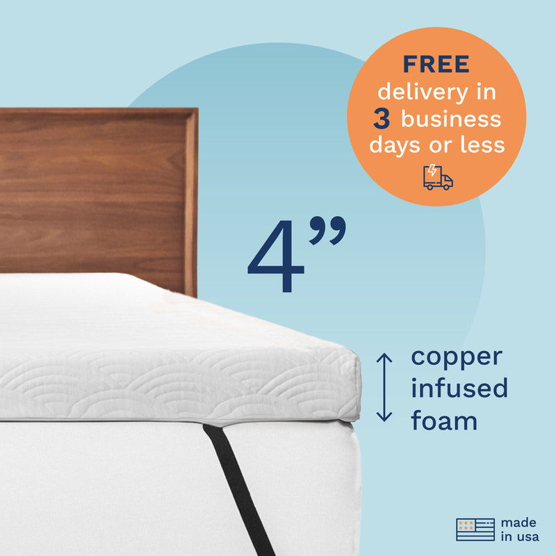 FREE delivery in 3 business days or less. 4" Copper Infused Foam. Made in the USA. Photo of a 4" thick white mattress topper secured to a bed with adjustable straps.