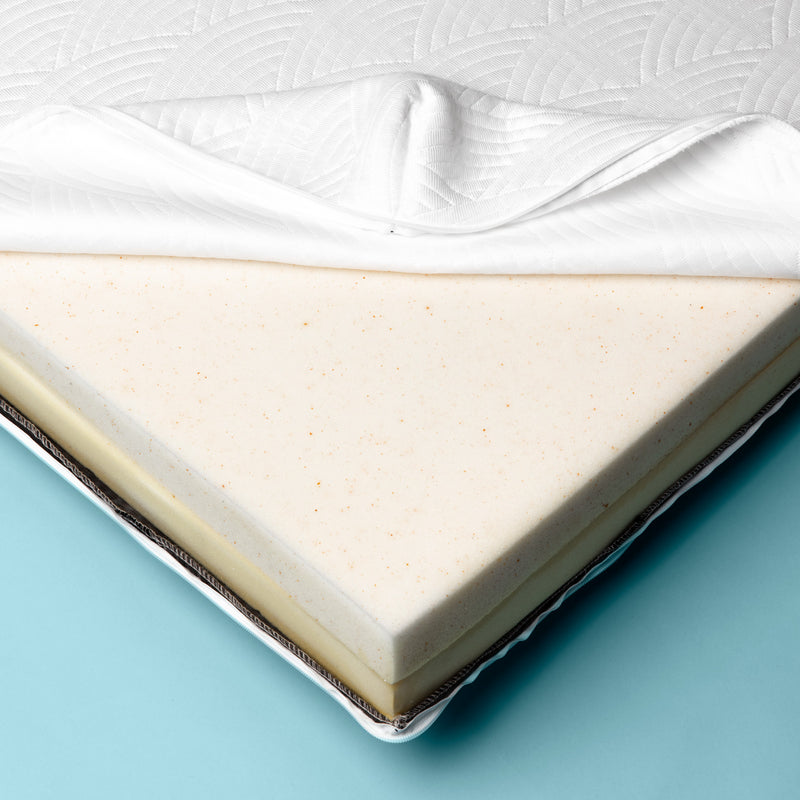 Photo of the white cooling cover unzipped and pulled back exposing the dual layered, copper infused foam of the mattress topper.