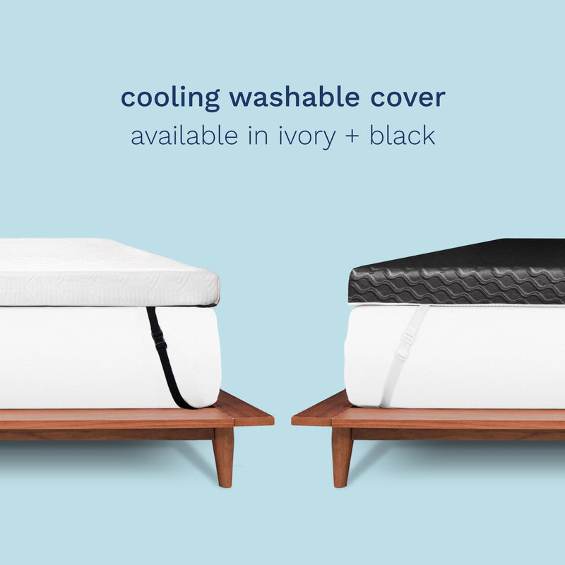Cooling Washable Cover- Available in Ivory + Black. Photo of two beds side by side, one with the Ivory Active Cooling mattress topper and the other with the Black Active Cooling mattress topper.