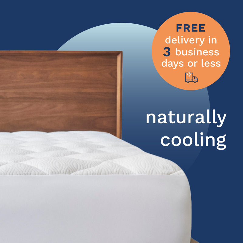 FREE delivery in 3 business days or less. Naturally Cooling. Photo of a white quilted mattress pad secured to a bed with an 18" deep pocket skirt.