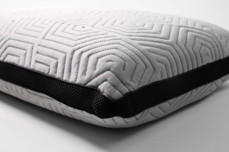 Image of the Edge Pillow. An adjustable layered pillow designed with a mesh gusset & charcoal gray cooling fabric.