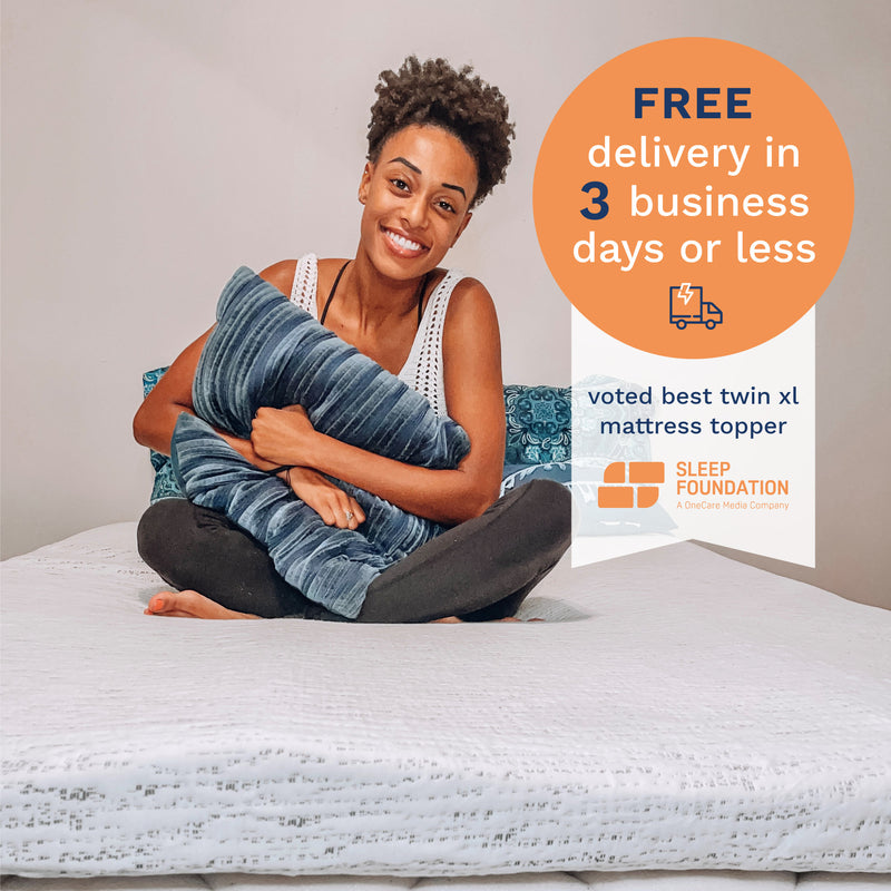 FREE delivery in 3 business days or less. Voted Best Twin XL Mattress Topper by Sleep Foundation. Photo of a college student smiling and sitting on a blue and white mattress topper.