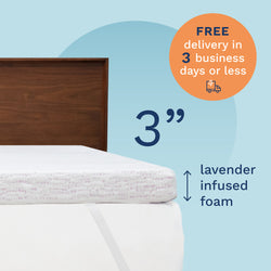 FREE delivery in 3 business days or less. 3" Lavender Infused Foam. Photo of a 3" thick white & lavender mattress topper secured to a bed with adjustable straps.
