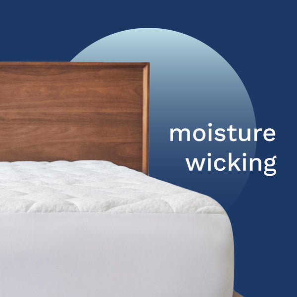 Moisture wicking. Photo of a white pillow top mattress pad on a mattress. (No Script)